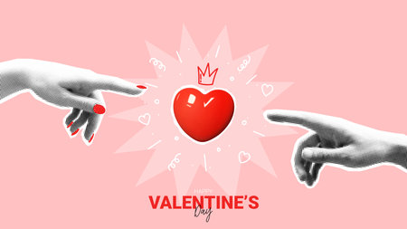 Valentine's day banner template. Vector illustration with halftone hands pointing fingers to heart. Concept of vintage collage for Valentine's Day with cut out symbols and hand drawn doodles.のイラスト素材