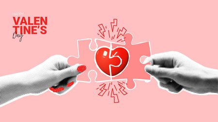 Happy Valentine's day banner. Hands of woman and man connecting puzzle pieces with icon of heart. Contemporary art collage for Valentine's Day decoration. Hands hold collage. Vector illustration.のイラスト素材