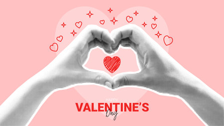 Happy Valentine's day card. Hands of woman and man make heart shape. Contemporary art collage for Valentine's Day decoration. Vector illustration. Modern design with cut out halftone arms.のイラスト素材