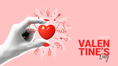 Happy Valentine's day banner. Halftone woman arm holds 3d heart with hand drawn wings. Contemporary art collage for Valentine's Day. Vector illustration. Modern design with cut out halftone hand.のイラスト素材