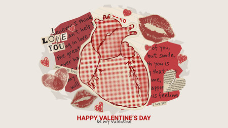 Collage for Valentine's day decoration. Contemporary art collage for Valentine's Day with halftone heart and paper cut out symbols of Valentine's Day. Retro vector illustration.のイラスト素材