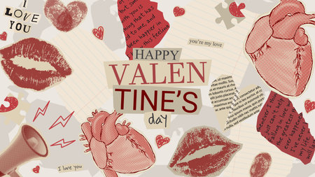 Valentine's day collage composition. Contemporary art collage for Valentine's Day with halftone heart and paper cut out symbols of Valentine's Day. Retro vector illustration with paper hearts.のイラスト素材