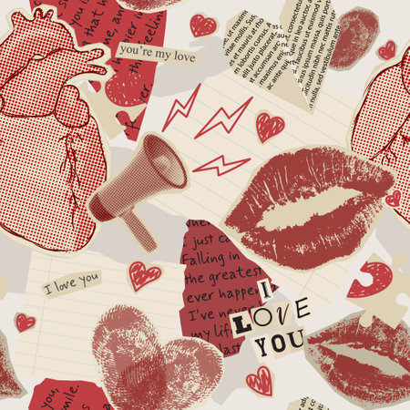 Seamless pattern for Valentine's Day. Retro vector illustration with paper elements. Contemporary art collage for Valentine's Day with halftone heart and paper cut out symbols of Valentine's Day.のイラスト素材