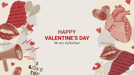 Collage composition for Valentine's Day. Contemporary art collage for Valentine's Day with halftone heart and paper cut out symbols of Valentine's Day. Retro vector illustration with paper elements.のイラスト素材