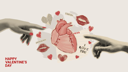 Retro collage for Valentine's Day. Vector illustration with halftone hands pointing fingers to heart. Concept of vintage collage for Valentine's Day with cut out symbols and newspaper clipping.のイラスト素材