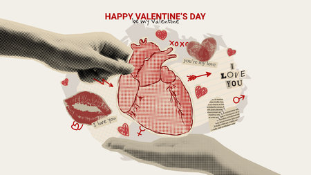 Vintage collage for Valentine's Day. Vector illustration with halftone hands holding heart. Concept of retro collage for Valentine's Day with cut out symbols and newspaper clipping.のイラスト素材