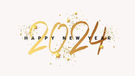 Festive banner for New Year 2024. Vector Illustration for decoration 2024 New Year with handwritten golden symbol, sparkling stars and confetti. Congratulation card for social media, poster, party.のイラスト素材
