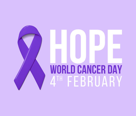 World Cancer Day concept. Symbol of World Cancer Day isolated on lavender background for decoration posters, social media, promo company. Vector illustration with purple ribbon. Healthcare concept.のイラスト素材