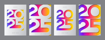 Set of 2025 Happy New Year posters. Vector illustration with colorful numbers 2025 with trendy gradient. New Year holiday symbol templates on gray background for decoration banner, celebration, cover.のイラスト素材
