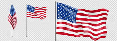 Set of realistic American flags. US flags isolated on checkered background. Templates of flags for decoration USA events. Symbols of the United States of America. Vector illustration.のイラスト素材