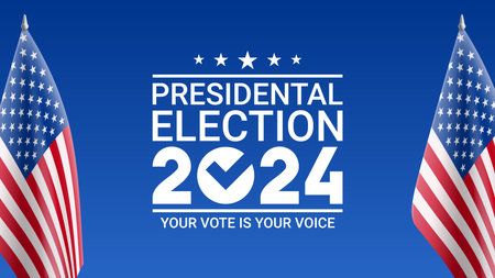 2024 presidential election banner. USA flags stand on blue background. Vote day, November 5. Vector illustration for US Election 2024 campaign. USA presidential election 2024. Election voting banner.のイラスト素材