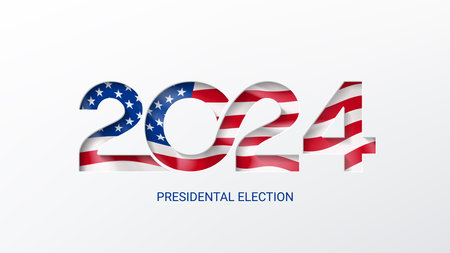 US presidential election 2024 banner. Template of isolated typography symbol of USA election voting. US Election 2024 campaign. Vote day. Paper cutout effect with USA flag. Vector illustration.のイラスト素材