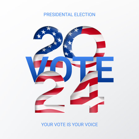 2024 presidential election background. Paper cutout effect with USA flag. Template of isolated typography symbol of USA election voting. US Election 2024 campaign. Vote day. Vector illustration.のイラスト素材