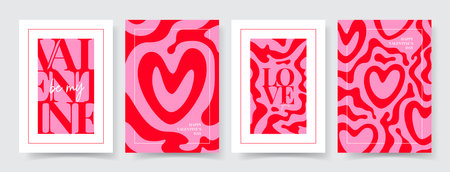 Set of trendy Valentine's Day posters. Concept of modern typographic design with hearts, abstract liquid or marble pattern. Posters for party banner, flyer, celebration, ad, branding, cover, sale.のイラスト素材