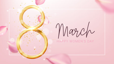 Greeting banner for 8 March. International Women's Day card. Elegant vector card for 8 March. Golden number 8, confetti, rose petals. 3d symbol of International Women's Day for celebration, ads, sale.のイラスト素材