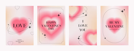 Set of aesthetic posters for Valentine's Day. Y2k style vector illustration with blurred gradient hearts for Valentine's Day decoration. Trendy minimalist flyers for party, cover, card, ads, promo.のイラスト素材