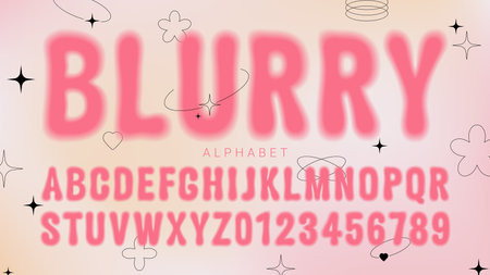 Blurry retro style font alphabet. Letters and numbers in Y2K style. Elements for social media, web design, posters, collages, covers, banners. Vector illustration with soft design alphabet of 1990s.のイラスト素材