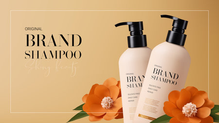 Ad background for promotion shampoo. Ad banner with minimalist design. Vector illustration with shampoo bottles and paper flowers. Concept of promotion cosmetic product. 3d realistic banner.のイラスト素材