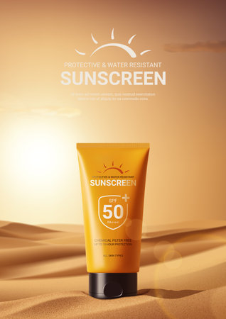 Ad poster for promotion sunscreen. Concept of minimalist design of advertisement of sunscreen. Vector illustration with tube with cream on desert sand with sunset on background. Ad of cosmetics.のイラスト素材