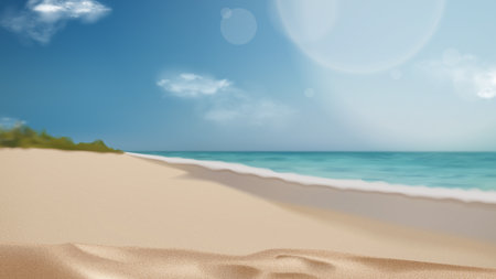 Realistic landscape of summer beach. Sea coast with sunny sky and clouds. Beautiful summer scene with blue sky and clouds. Empty sea with clear horizon. 3d vector illustration.のイラスト素材