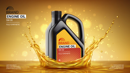 Engine oil advertising banner. 3d vector illustration with canister of engine oil in splash of engine oil on bright background. Template of ad banner. Full synthetic and protection motor oil.のイラスト素材