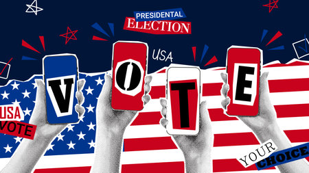 Banner for 2024 US presidential election. Vector banner with halftone hands holding phones and calling to USA election voting. Collage for US Election 2024 campaign. Vote day, November 5.のイラスト素材