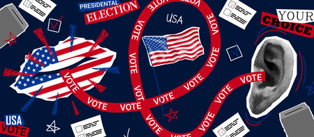 Collage for US presidential election. Vector banner with paper lips colored USA flags calling to...
