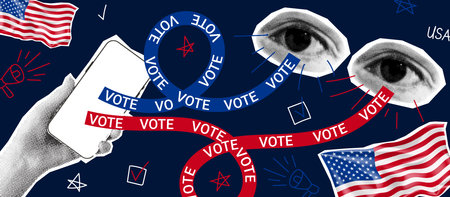 Banner for US presidential election. Vector banner with halftone hand holding phone and halftone eyes. Collage for US Election 2024 campaign. Vote day, November 5.のイラスト素材