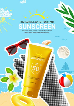 Ad poster for promotion sunscreen. Flyer with collage items with sunscreen, seashells, halftone hands, leaves, torn paper and doodles. Vector illustration for promotion of summer goods and cosmetics.のイラスト素材