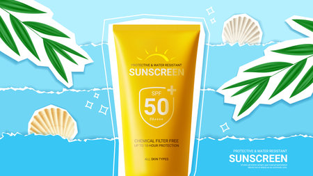 Ad banner for promotion sunscreen. Banner with collage items with sunscreen, seashells, leaves, torn paper and doodles. Vector illustration for promotion of summer goods and cosmetics.のイラスト素材