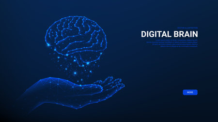 Hand holds futuristic glowing low polygonal brain. Neurology research, artificial mind, artificial intelligence concept. Abstract futuristic vector illustration. Healthy brain concept.のイラスト素材