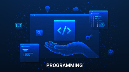 Concept of app development and programming. Information technologies, computer engineering or coding, developing software or game. Polygonal vector illustration with programming windows.のイラスト素材