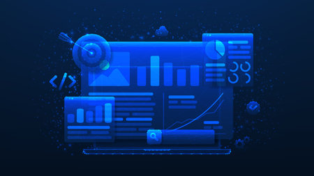 Modern banner of SEO Optimization. Web analytics and seo marketing social media. Polygonal vector illustration with analytics search information. Marketing social media concept.のイラスト素材