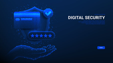 Banner with secure online payments. Vector illustration with hand showing polygonal shield, credit card, tick icon and password. Online payment protection, password security, smart secure shopping.のイラスト素材