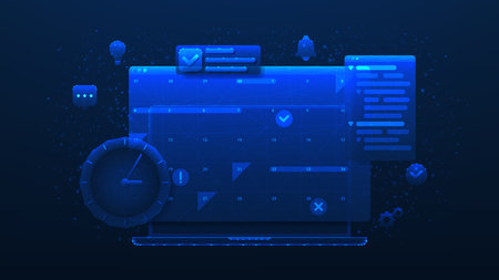 Concept banner of planning schedule. Polygonal vector illustration with calendar, scheduled dates and appointments, clock, to-do list with tasks, reminders and messages. Concept of time management.のイラスト素材