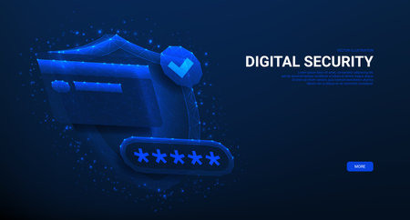 Concept of secure online payments. Vector illustration with polygonal shield, credit card, tick icon and password. Online payment protection, password security, smart secure shopping.のイラスト素材