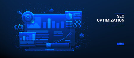 Horizontal banner of SEO Optimization. Web analytics and seo marketing social media. Polygonal vector illustration with analytics search information. Marketing social media concept.のイラスト素材