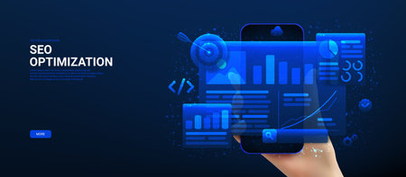 Creative banner of SEO Optimization. Web analytics and seo marketing social media. Polygonal vector illustration with hand holds phone and showing analytics search information.のイラスト素材
