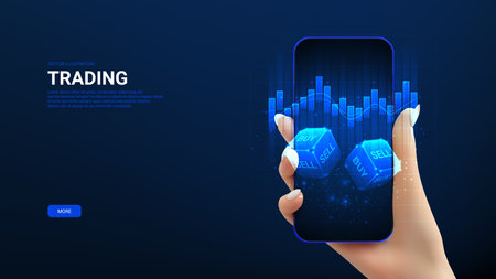 Concept of trading in Stock Market on phone. Hand holds smartphone with dices and chart. Digital Trading, Stock Market or Investment Concept. Low poly wireframe vector illustration.のイラスト素材