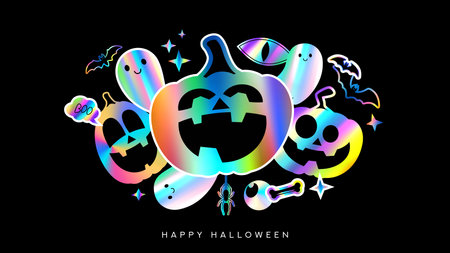 Happy Halloween banner template. Bright vector illustration with iridescent foil adhesive stickers of pumpkins, ghosts, bats in y2k style for decoration poster, social media, web. Trendy flat stickersのイラスト素材