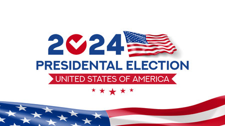 2024 presidential election banner. USA presidential election 2024 banner with waving American flags, vote symbol. Vote day, November 5. Vector illustration for US Election 2024 campaign.のイラスト素材
