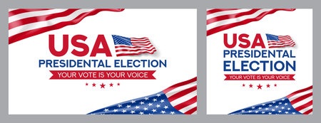 US 2024 presidential election banners. USA presidential election 2024 banners with waving American flags, vote symbol. Vote day, November 5. Vector illustration for US Election 2024 campaign.のイラスト素材