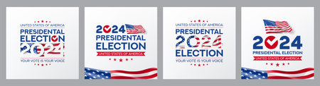Set of US 2024 presidential election banners. USA presidential election 2024 banners with waving American flags, vote symbol. Vote day, November 5. Vector illustration for US Election 2024 campaign.のイラスト素材