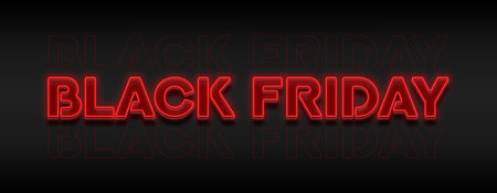 Typography neon banner for Black Friday. Modern neon text symbol for decoration Black Friday sale. Red neon Black Friday signboard for seasonal sales, advertising and social media.のイラスト素材