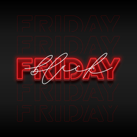 Typography neon card for Black Friday. Modern neon text symbol for decoration Black Friday sale. Red neon Black Friday signboard for seasonal sales, advertising and social media.のイラスト素材