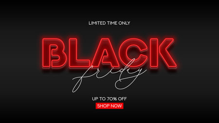Typography neon background for Black Friday. Modern neon text symbol for decoration Black Friday sale. Red neon Black Friday signboard for seasonal sales, advertising and social media.のイラスト素材