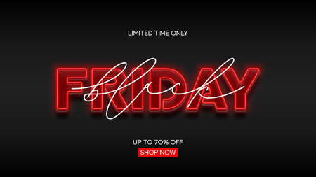 Neon background for Black Friday. Modern neon text symbol for decoration Black Friday sale. Red neon Black Friday signboard for seasonal sales, advertising and social media.のイラスト素材