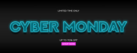 Cyber Monday Sale banner template. Bright glowing text symbol for decoration Cyber Monday sale. Blue neon Cyber Monday signboard for seasonal sales, advertising and social media.のイラスト素材