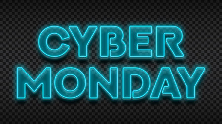 Cyber Monday Sale neon lettering template. Glowing text symbol for decoration Cyber Monday sale isolated on checkered background. Blue neon Cyber Monday signboard for seasonal sales, advertising.のイラスト素材