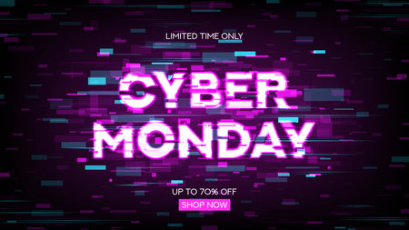 Cyber Monday Sale background. Bright glowing symbol for decoration Cyber Monday sale isolated on background with glitch effect. Neon Cyber Monday signboard with glitch effect for seasonal sales.のイラスト素材
